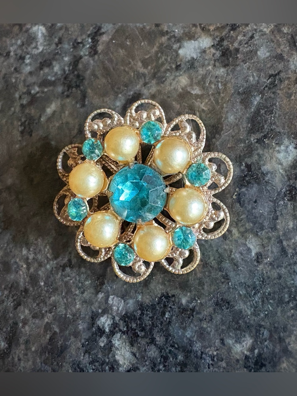Vintage Gold Tone Aqua Blue Rhinestone and Pearl Pin